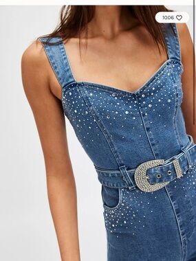 Show Me Your MuMu Blue Denim Rhinestone-Embellished Jeans Overalls